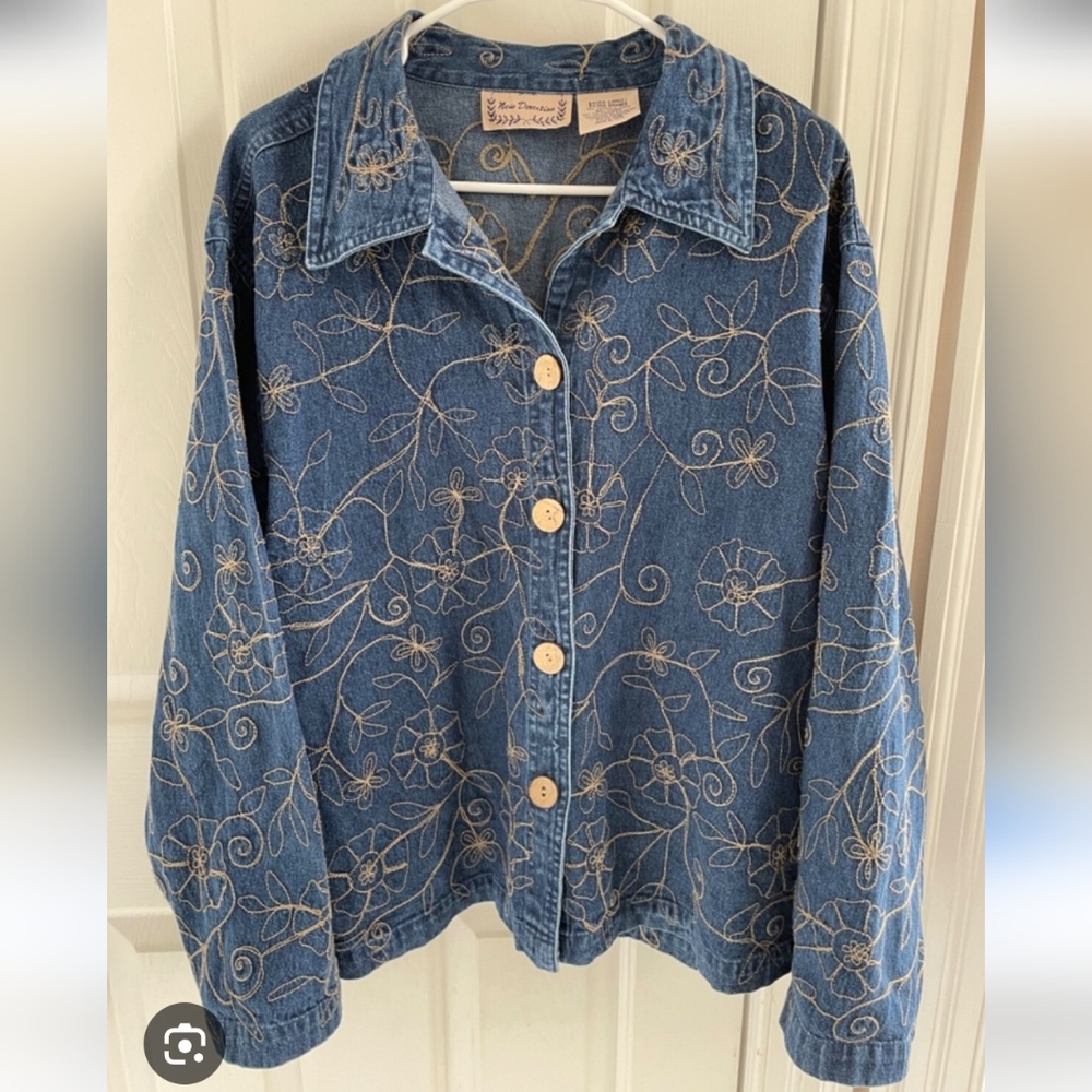 Vintage New Directions Large Blue Denim Jacket with Gold Floral Embroidery